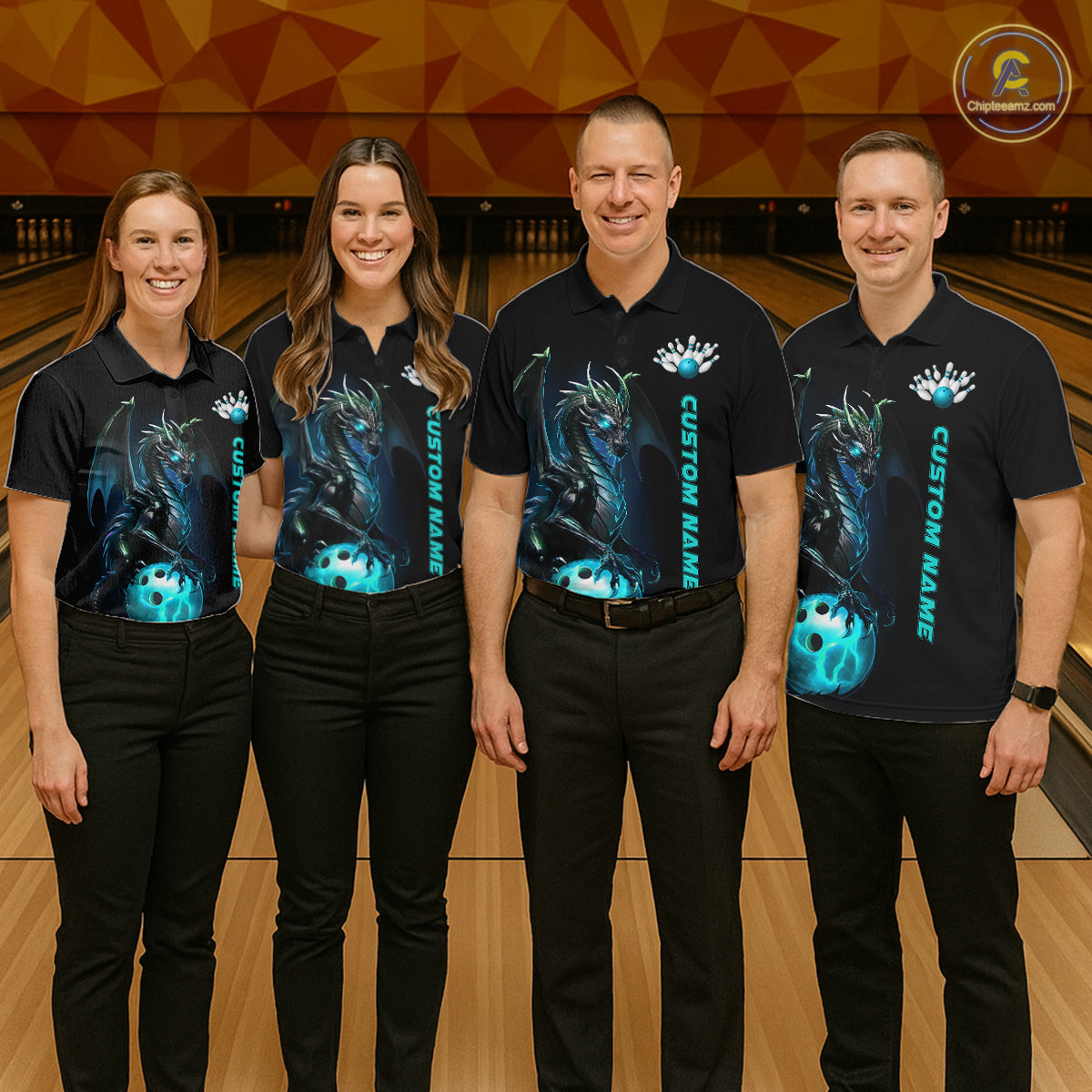 Custom Men Bowling Polo Shirts Blue Dragon Bowling Team Jerseys Bowling League Shirts Outfits IPHW5351
