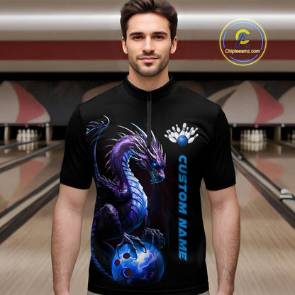 Personalized Blue Dragon Bowling Team Jerseys Men Quarter Zip Shirts Bowling League Shirts IPHW5353