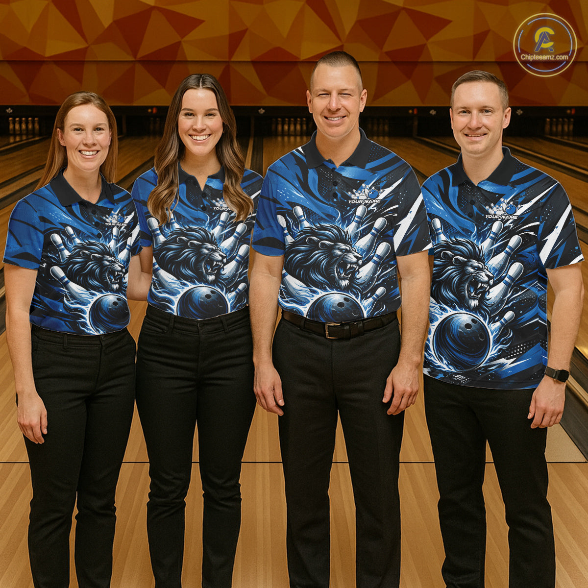 Custom Deep Blue Flame Bowling Ball Lion Bowling Jerseys, Lion Men Polo Bowling Shirt IPHW10349