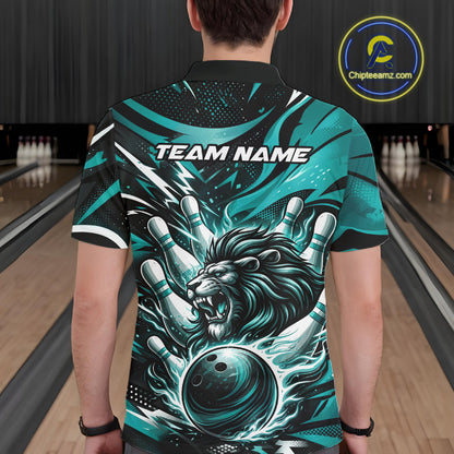Custom Turquoise Blue Flame Bowling Ball Lion Bowling Jerseys, Lion Men Polo Bowling Shirt IPHW10350