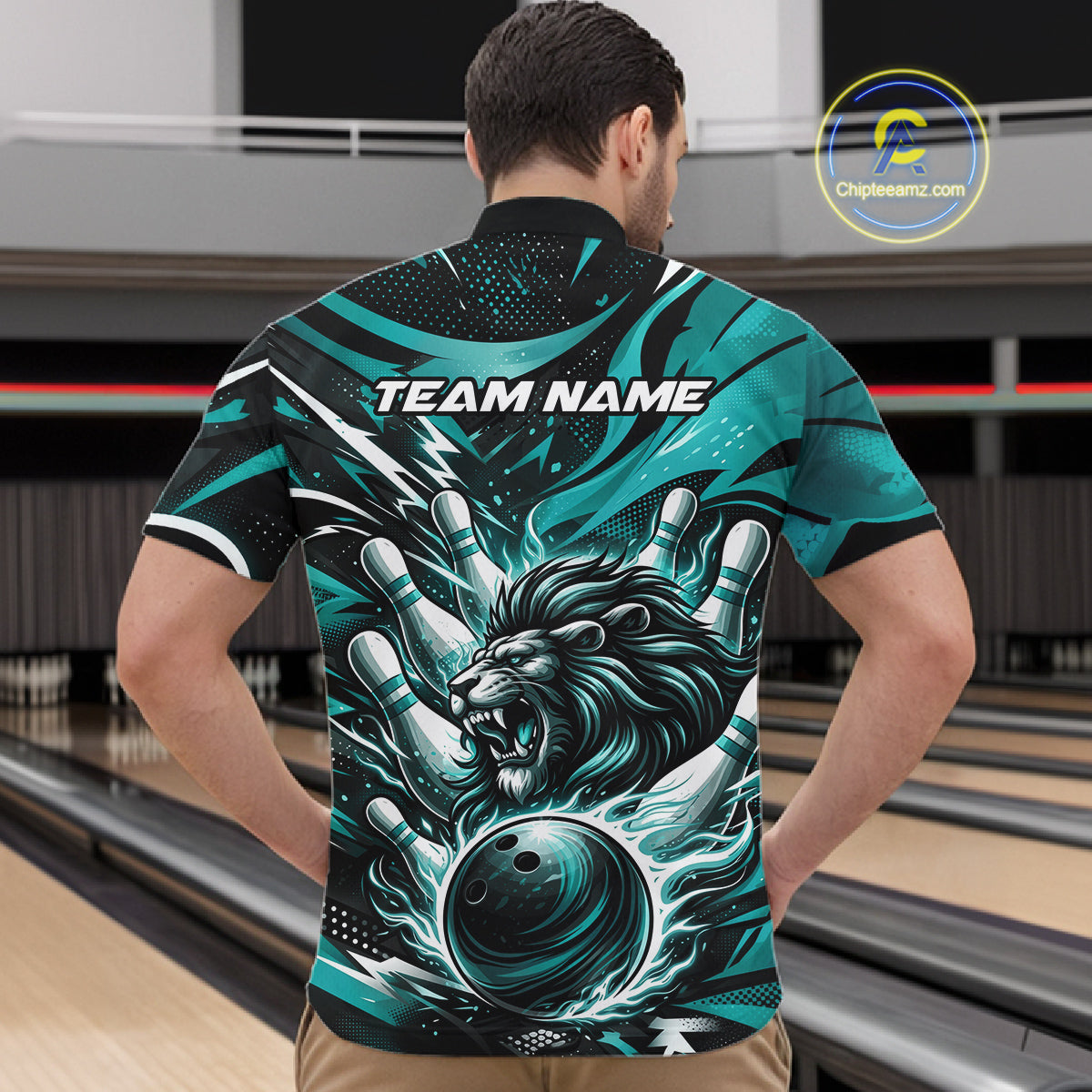 Custom Turquoise Blue Flame Bowling Ball Lion Bowling Jersey, Lion Men Quarter-Zip Bowling Shirt IPHW10350