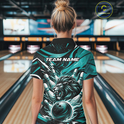 Custom Turquoise Blue Flame Bowling Ball Lion Bowling Jerseys, Women Quarter-Zip Shirt IPHW10350