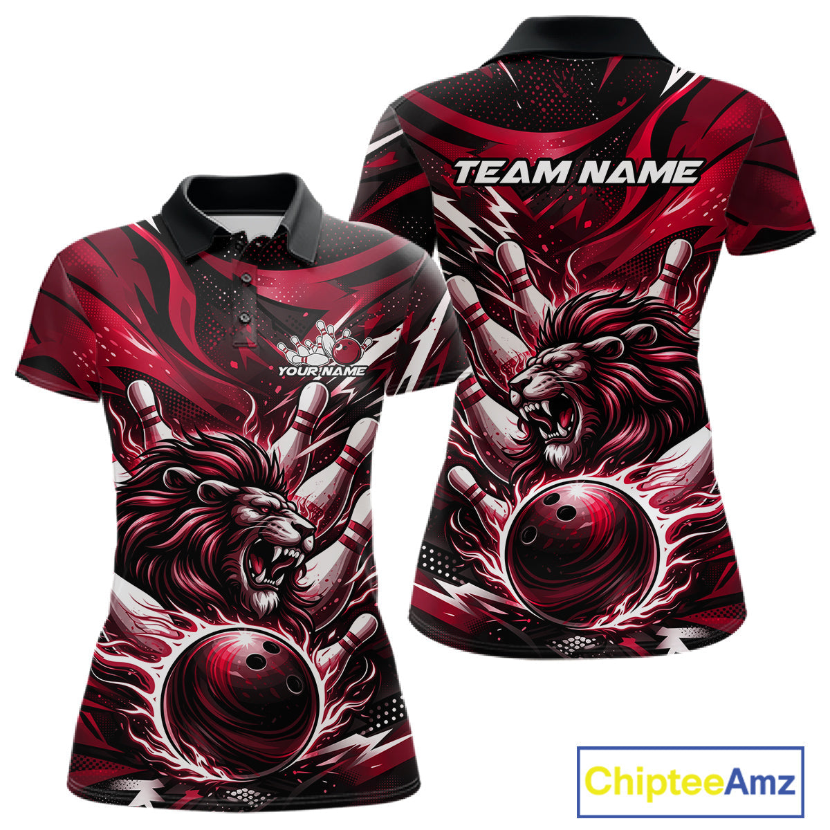 Custom Red Flame Bowling Ball Lion Bowling Jerseys, Lion Women Polo Bowling Shirt IPHW10351