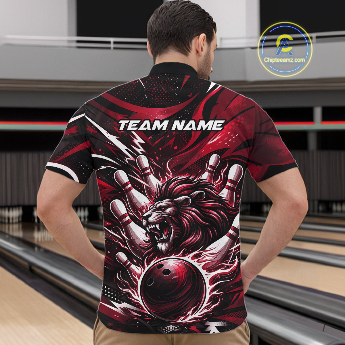 Custom Red Flame Bowling Ball Lion Bowling Jerseys, Lion Men Quarter-Zip Bowling Shirt IPHW10351