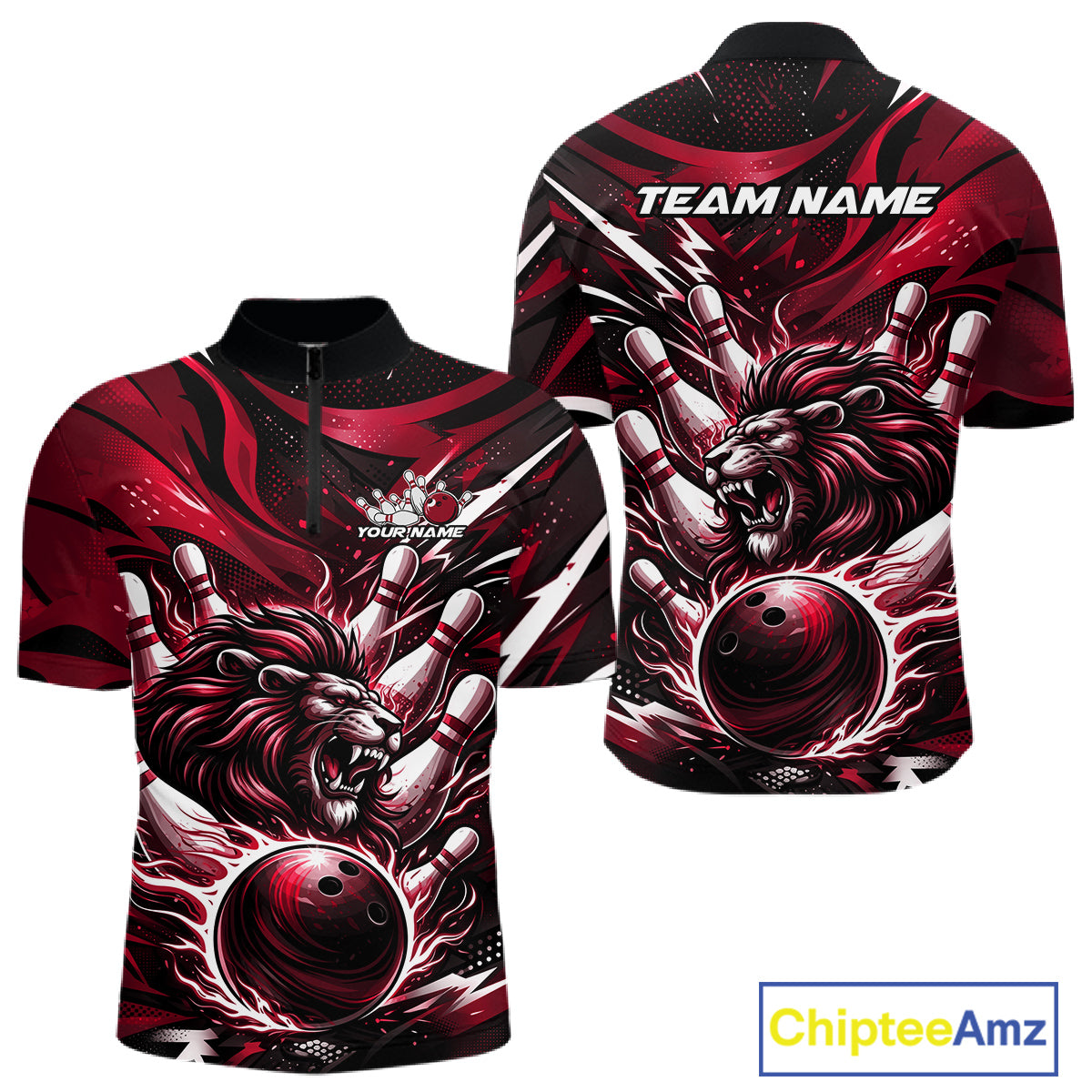 Custom Red Flame Bowling Ball Lion Bowling Jerseys, Lion Men Quarter-Zip Bowling Shirt IPHW10351