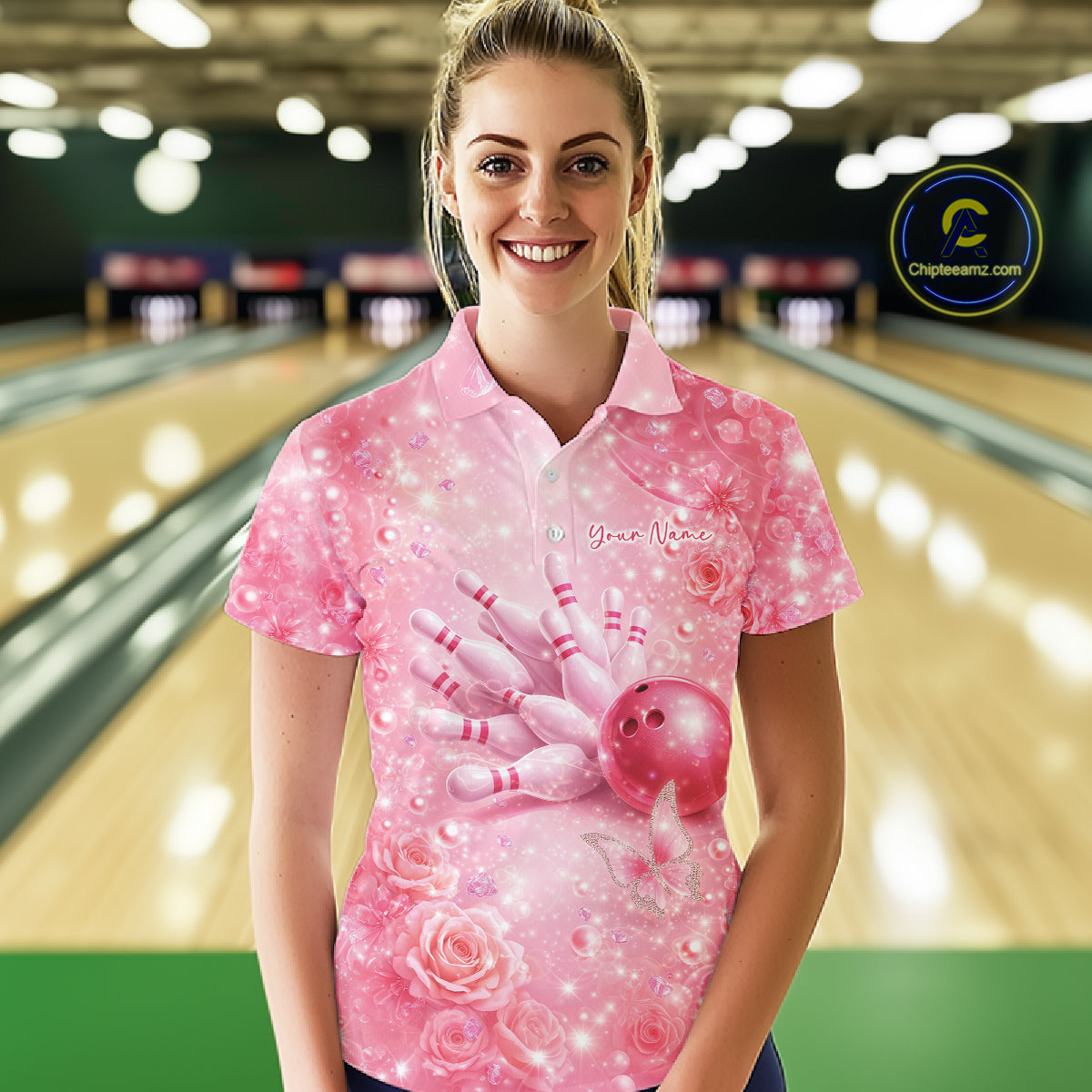 Female model in bowling lane wearing polo shirt with flaming bowling ball striking pins yellow flame sports design