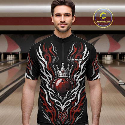 Custom Black And Red Irish Tribal Pattern Bowling Ball With Crown Men Quarter Zip Shirt IPHW11693