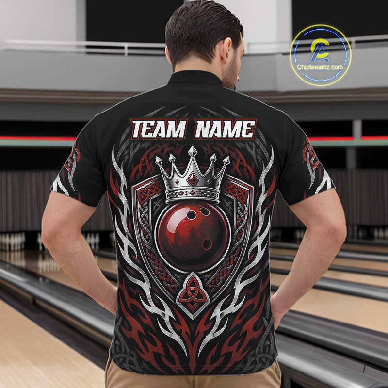 Custom Black And Red Irish Tribal Pattern Bowling Ball With Crown Men Quarter Zip Shirt IPHW11693