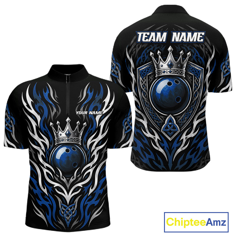Custom Black And Blue Irish Tribal Pattern Bowling Ball With Crown Men Quarter Zip Shirt IPHW11694