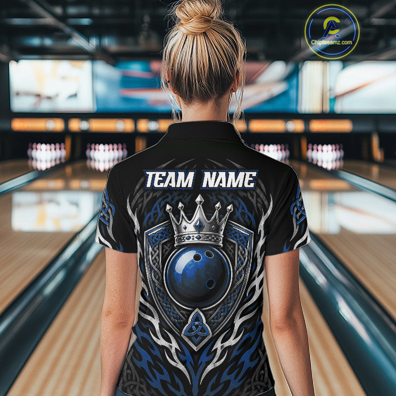 Custom Blue Irish Tribal Pattern Bowling Ball With Crown Women Quarter-Zip Shirt IPHW11694