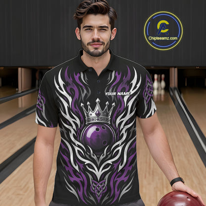 Custom Black And Purple Irish Tribal Pattern Bowling Ball With Crown Men Polo Shirt IPHW11695