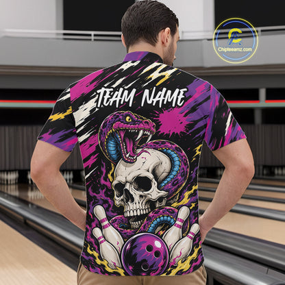 Custom Colorful Purple Snake And Skull Bowling Men Quarter Zip Shirt, Halloween Bowling Outfit IPHW11710
