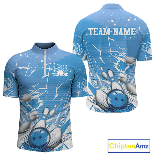 Custom White And Blue Bowling Team Men Quarter-Zip Shirts, Bowling Ball And Pins Jerseys IPHW9602