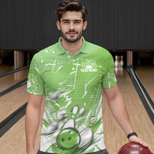 Load image into Gallery viewer, Custom White And Green Bowling Team Men Polo Shirts, Bowling Ball And Pins Jerseys IPHW9603