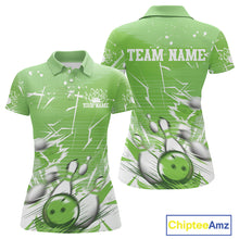 Load image into Gallery viewer, Custom White And Green Bowling Team Women Polo Shirts, Bowling Ball And Pins Jerseys IPHW9603