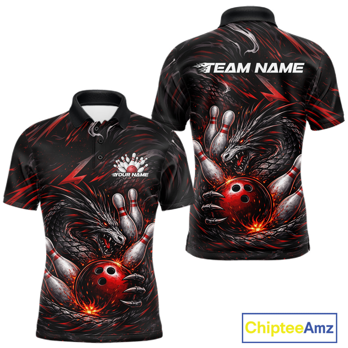 Custom Black And Red Dragon Bowling Jerseys, Dragon Bowling Team Men Polo Shirt IPHW10362