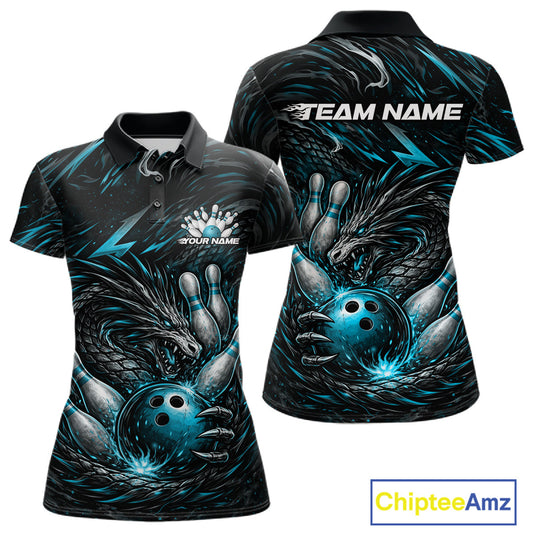 Custom Turquoise Blue Dragon Bowling Jerseys, Dragon Bowling Team Women Polo Shirt IPHW10363