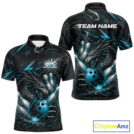 Custom Turquoise Blue Dragon Bowling Jerseys, Dragon Bowling Team Men Polo Shirt IPHW10363