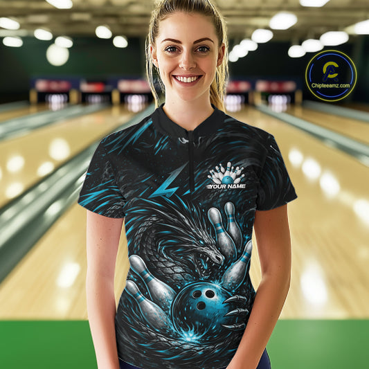 Custom Turquoise Blue Dragon Bowling Jersey, Dragon Bowling Team Women Quarter-Zip Shirt IPHW10363