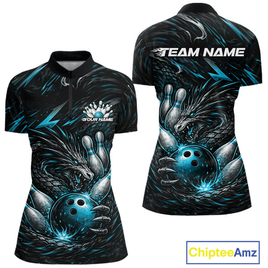 Custom Turquoise Blue Dragon Bowling Jersey, Dragon Bowling Team Women Quarter-Zip Shirt IPHW10363