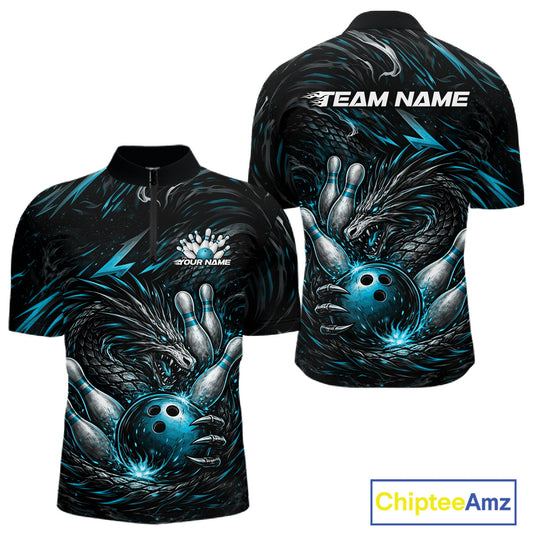 Custom Turquoise Blue Dragon Bowling Jerseys, Dragon Bowling Team Men Quarter-Zip Shirt IPHW10363