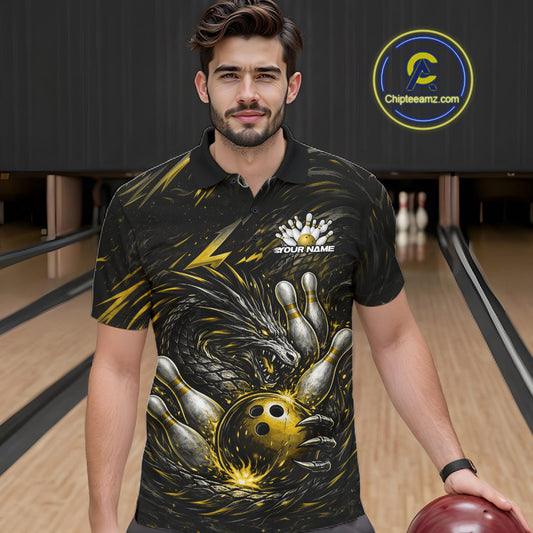 Custom Black And Gold Dragon Bowling Jerseys, Dragon Bowling Team Men Polo Shirt IPHW10364