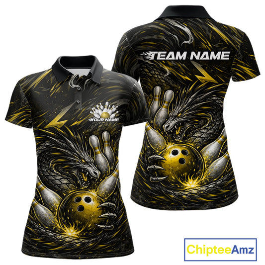 Custom Black And Gold Dragon Bowling Jerseys, Dragon Bowling Team Women Polo Shirt IPHW10364