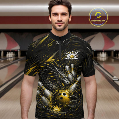 Custom Black And Gold Dragon Bowling Jerseys, Dragon Bowling Team Men Quarter-Zip Shirt IPHW10364