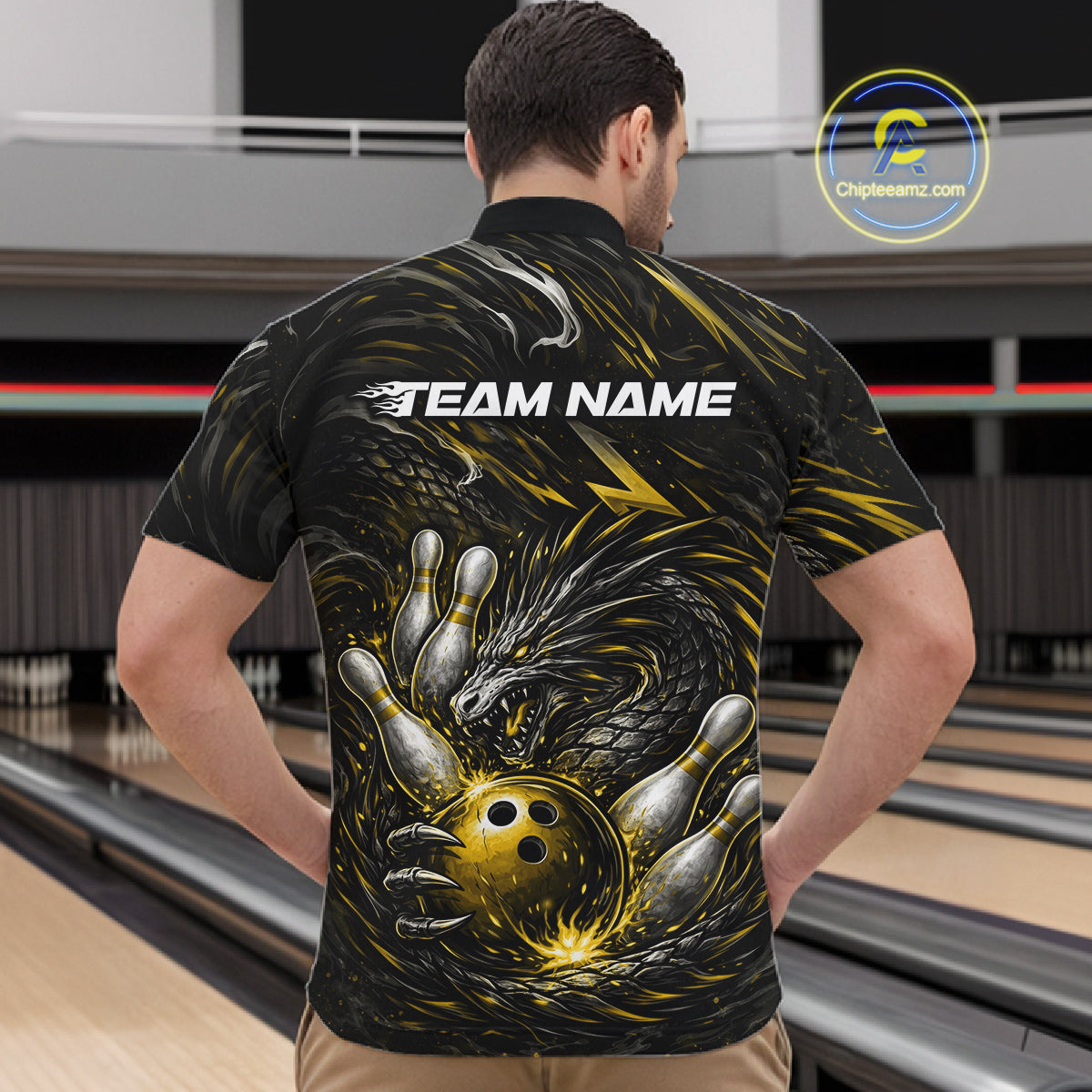Custom Black And Gold Dragon Bowling Jerseys, Dragon Bowling Team Men Quarter-Zip Shirt IPHW10364