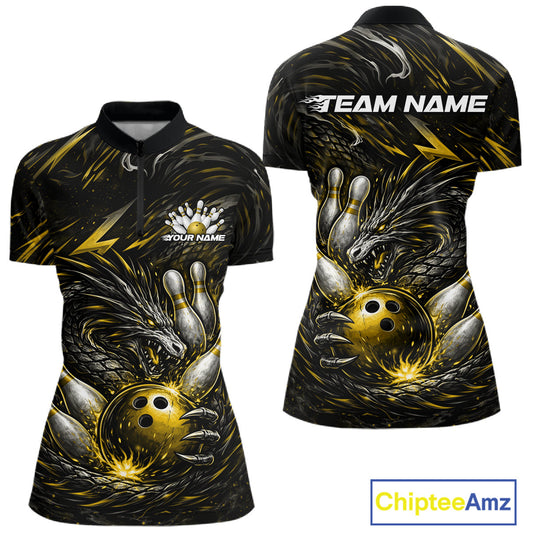 Custom Black And Gold Dragon Bowling Jersey, Dragon Bowling Team Women Quarter-Zip Shirt IPHW10364