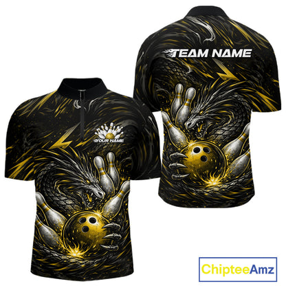 Custom Black And Gold Dragon Bowling Jerseys, Dragon Bowling Team Men Quarter-Zip Shirt IPHW10364