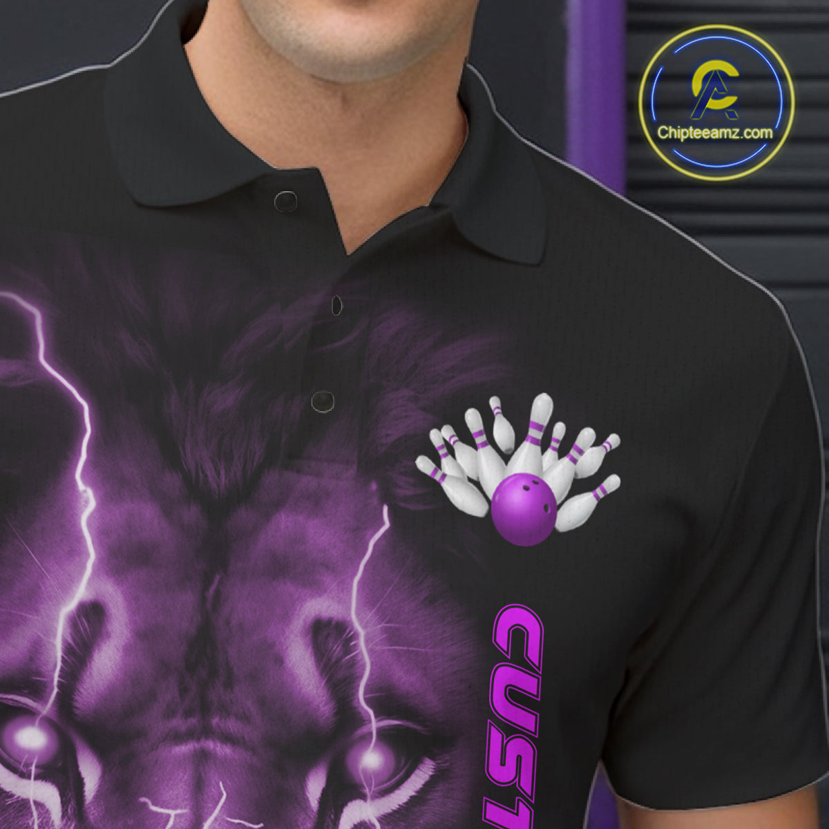 Custom Purple Thunder Lightning Lion Bowling Shirt For Men, Lion Bowling Team Jerseys IPHW10667