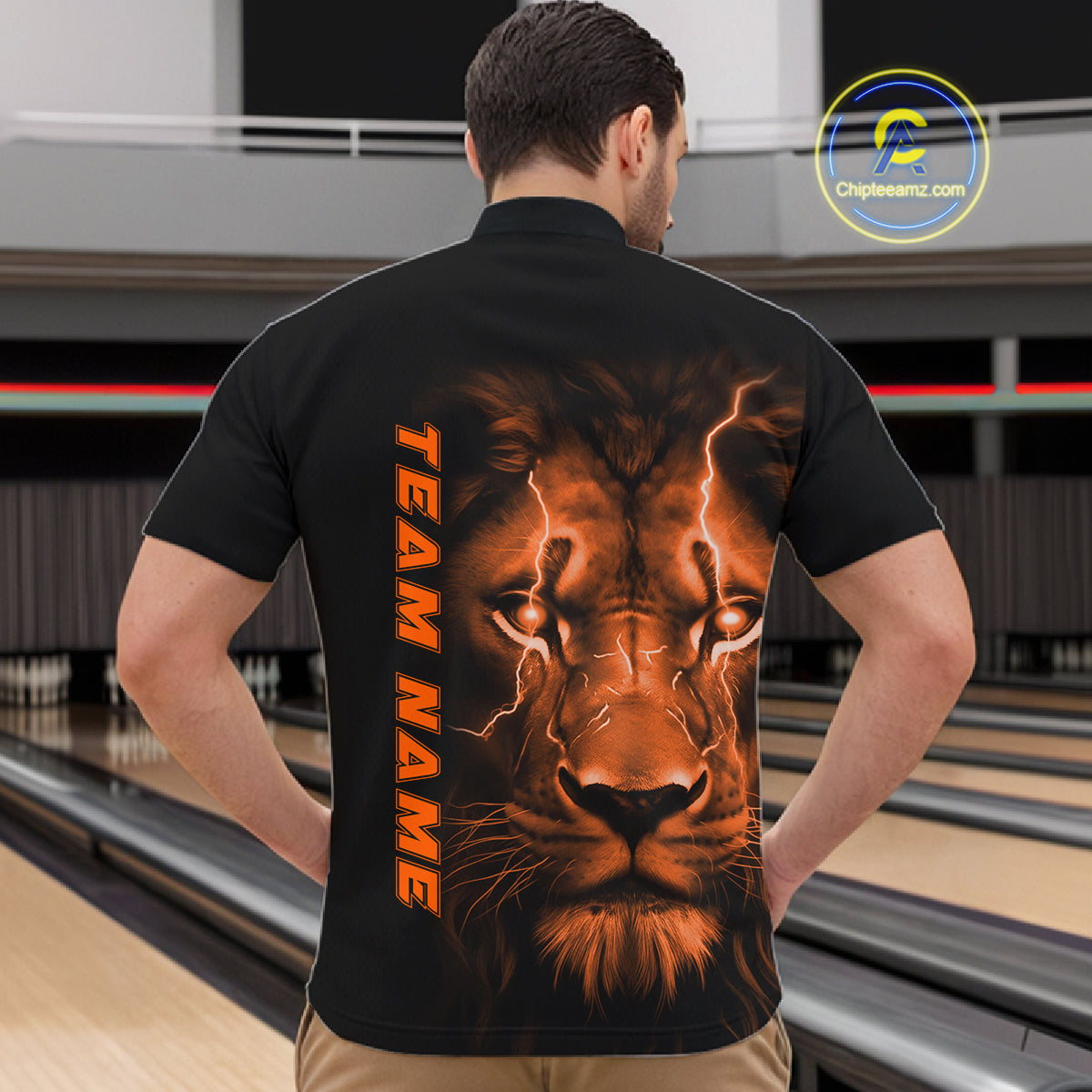 Custom Orange Thunder Lightning Lion Bowling Shirt For Men, Lion Bowling Team Jerseys IPHW10669
