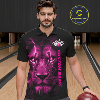 Custom Pink Thunder Lightning Lion Bowling Shirt For Men, Lion Bowling Team Jerseys IPHW10670