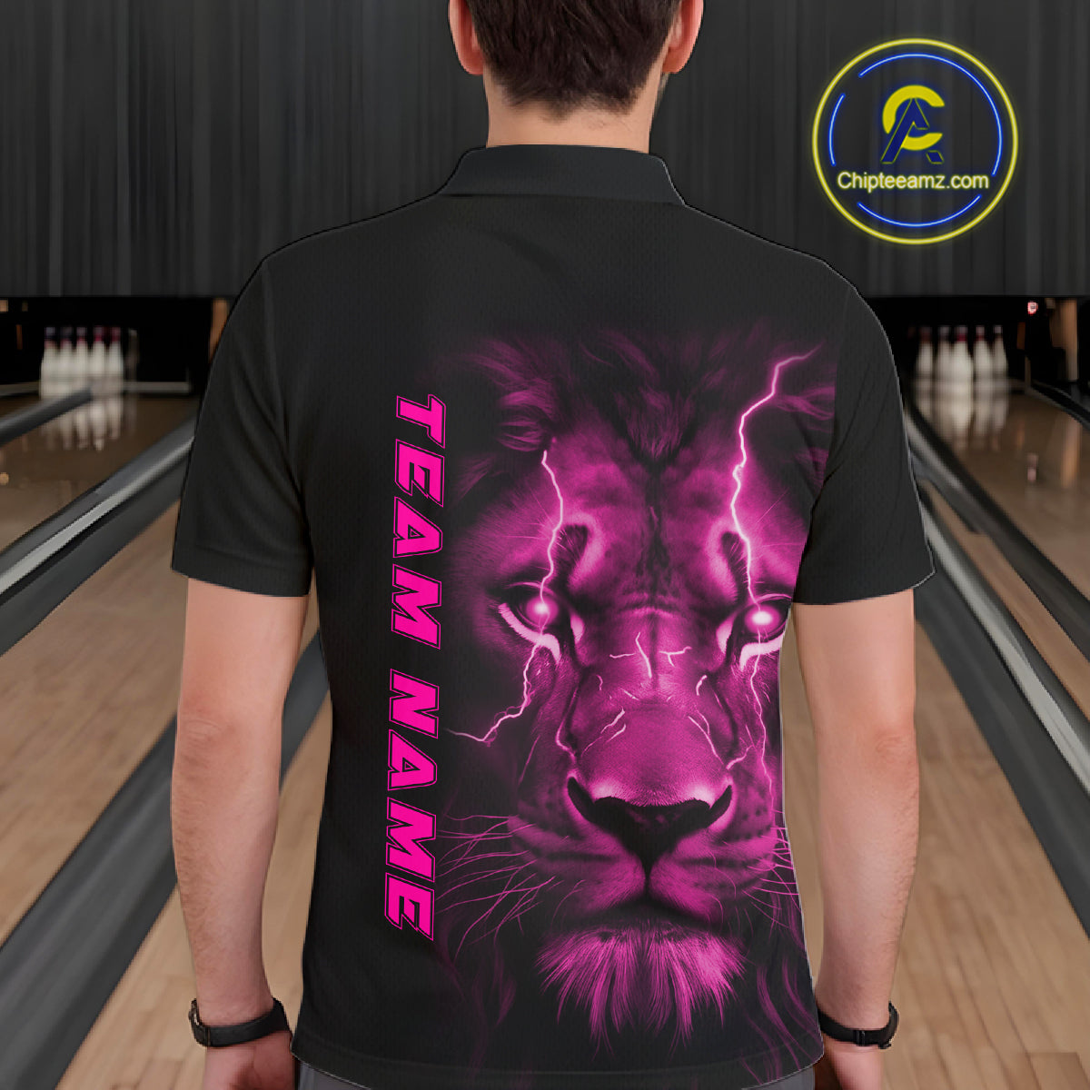 Custom Pink Thunder Lightning Lion Bowling Shirt For Men, Lion Bowling Team Jerseys IPHW10670