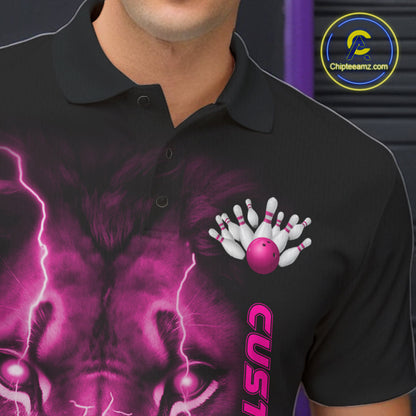 Custom Pink Thunder Lightning Lion Bowling Shirt For Men, Lion Bowling Team Jerseys IPHW10670