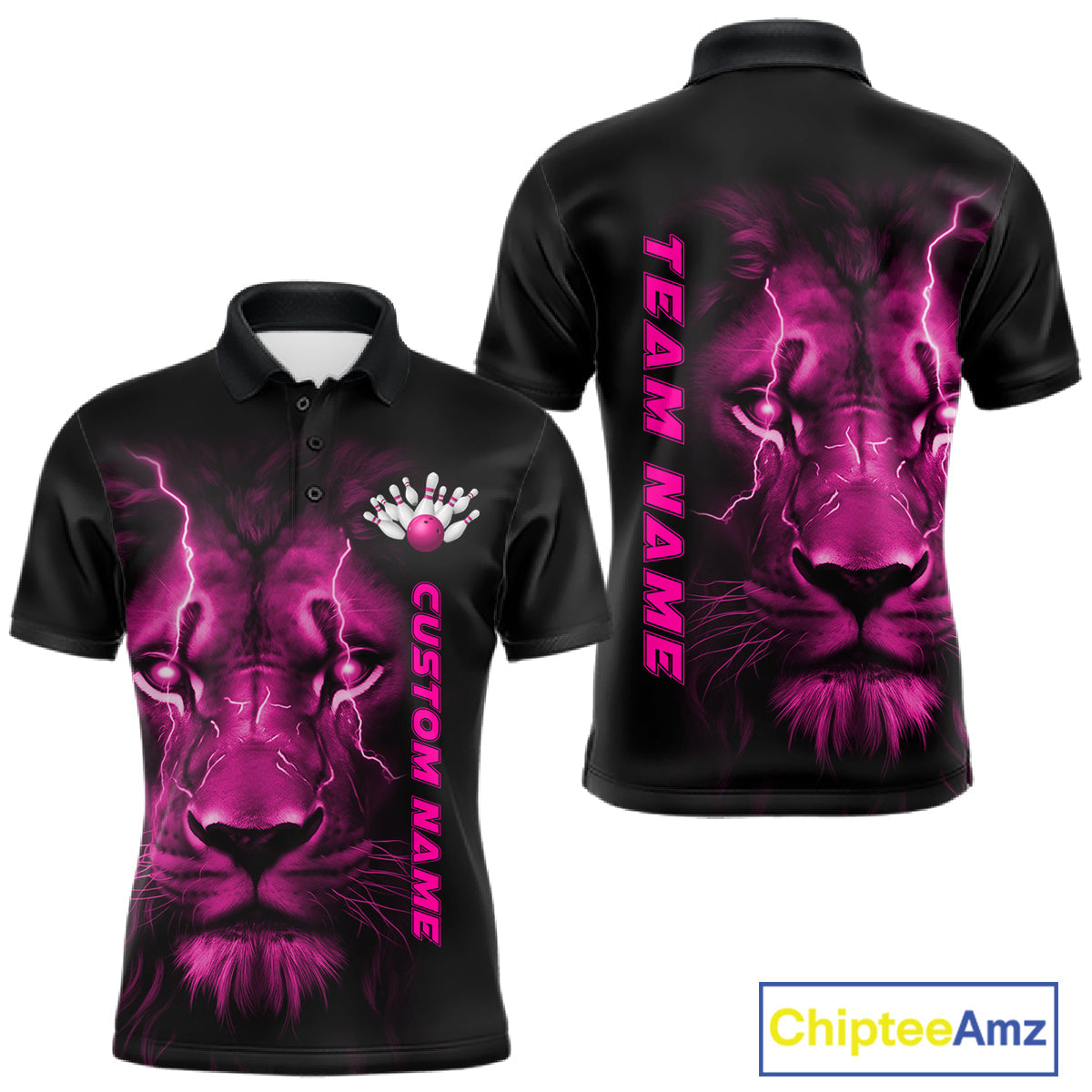 Custom Pink Thunder Lightning Lion Bowling Shirt For Men, Lion Bowling Team Jerseys IPHW10670