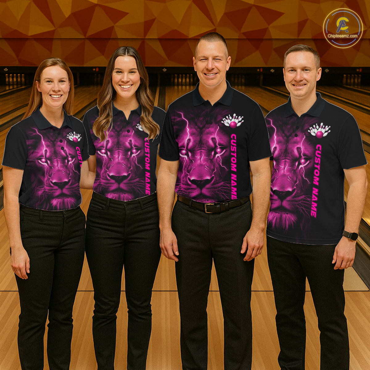 Custom Pink Thunder Lightning Lion Bowling Shirt For Men, Lion Bowling Team Jerseys IPHW10670
