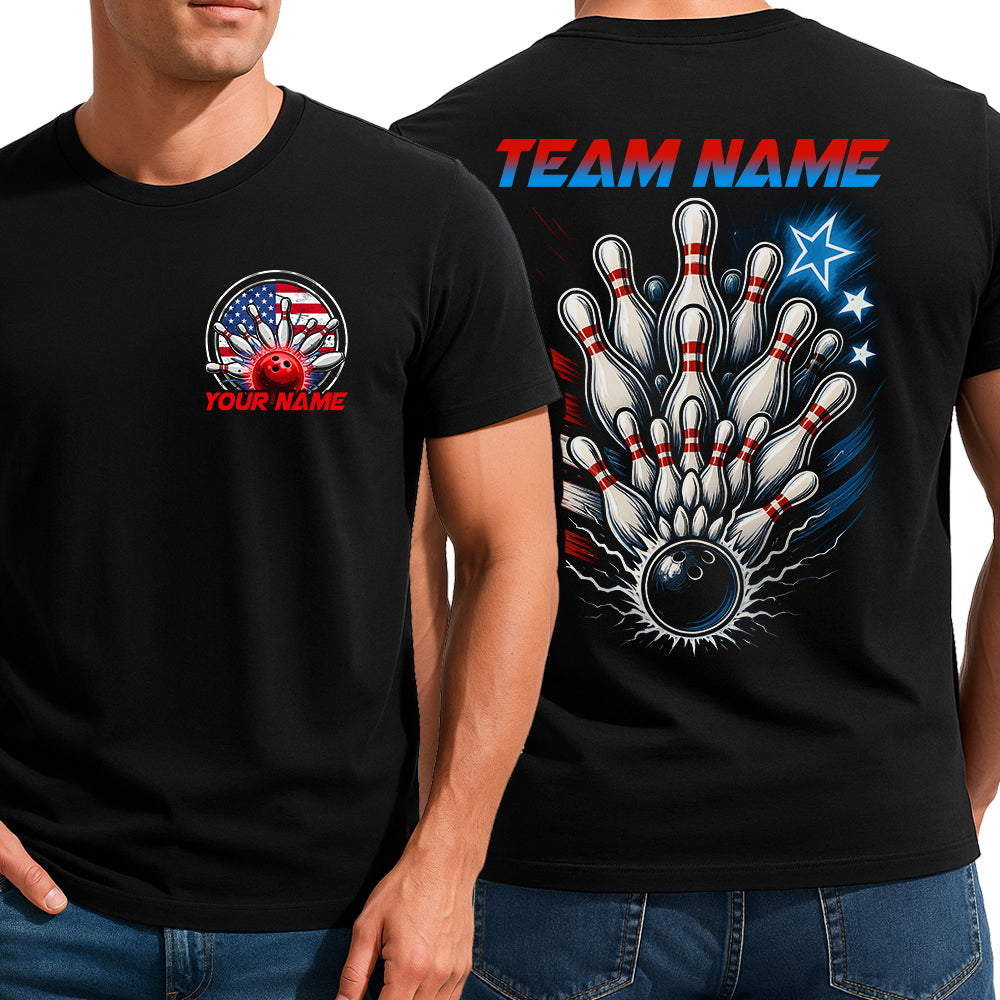 Custom Bowling T-Shirts For Men, Patriotic US Bowling Style With American Flag IPHW9071