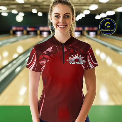 Custom Red Bowling Tournament Bowling Women Quarter-Zip Shirts With Team Name IPHW9282