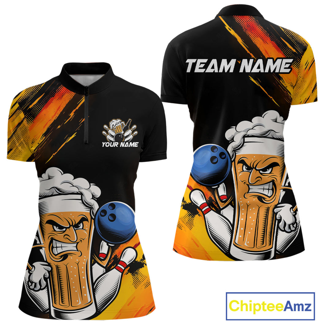 Custom Black And Yellow Funny Bowling And Beer Team Women Quarter-Zip Shirt IPHW9605