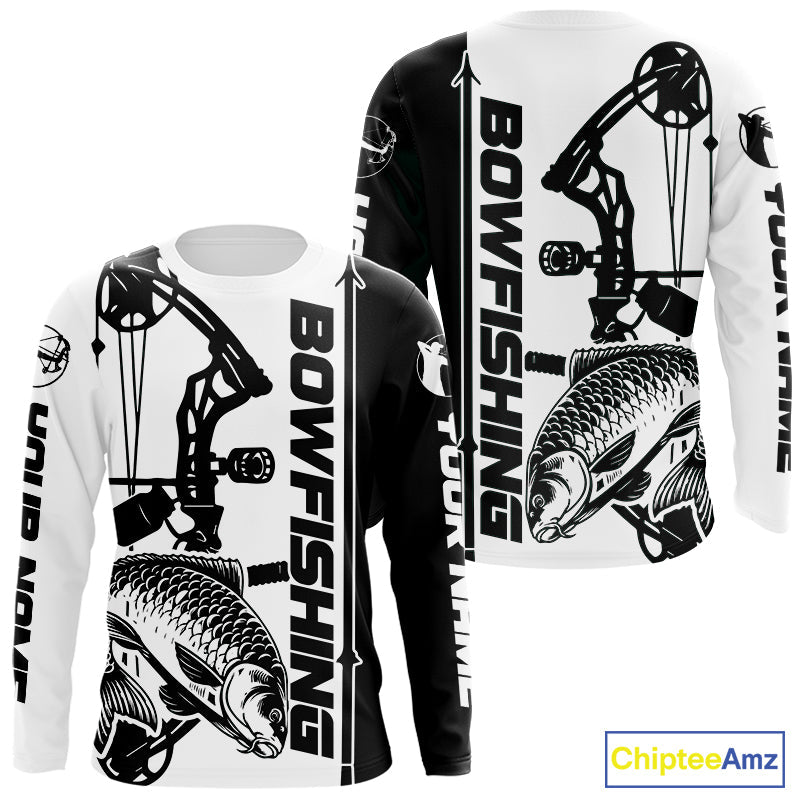 Custom Black And White Bowfishing Carp Long Sleeve Fishing Shirts, Carp Bow Fishing Shirt IPHW9291