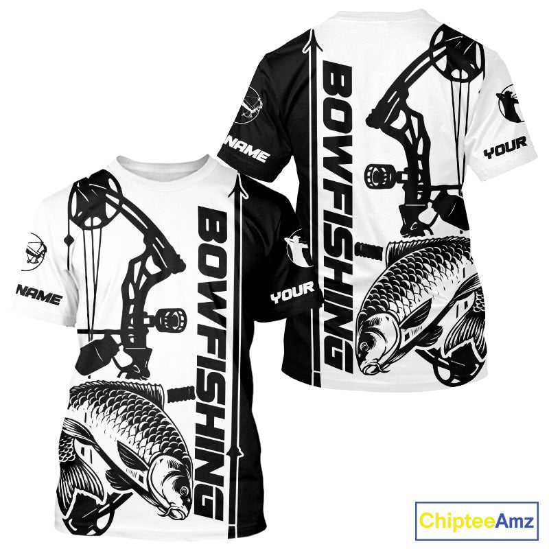 Custom Black And White Bowfishing Carp Fishing T-Shirts, Carp Bow Fishing T-Shirt IPHW9291