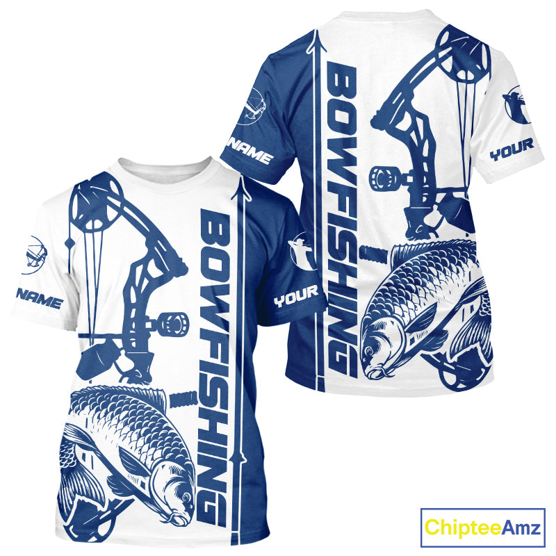 Custom Blue And White Bowfishing Carp Fishing T-Shirts, Carp Bow Fishing T-Shirt IPHW9292