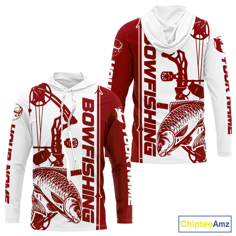 Custom Red And White Bowfishing Carp Long Sleeve Hooded Fishing Shirts, Carp Bow Fishing Shirt IPHW9293