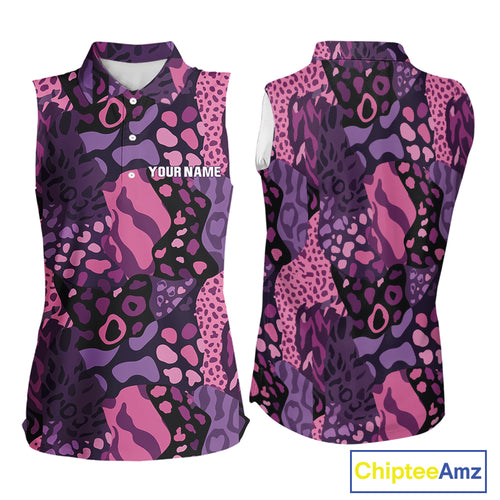 Pink and purple animal prints pattern Women Sleeveless Polo Shirt Custom ladies golf tops, golf gifts NQS10243