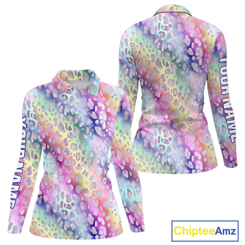 Colorful Neon Rainbow leopard pattern Women Golf Polo Shirt Custom ladies golf outfit cool golf gift NQS10244