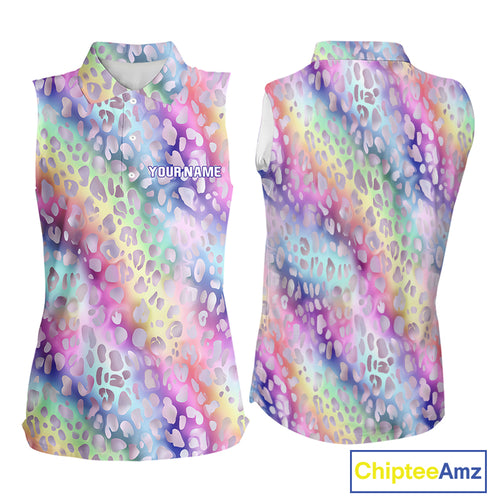 Colorful Neon Rainbow leopard pattern Women Sleeveless Polo Shirt Custom ladies golf outfit NQS10244