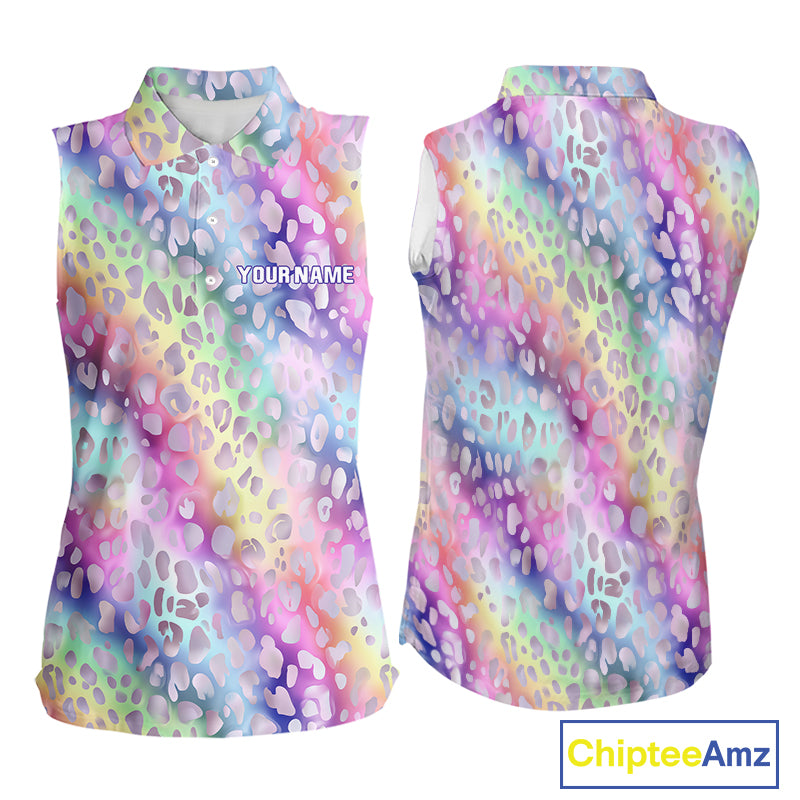 Colorful Neon Rainbow leopard pattern Women Sleeveless Polo Shirt Custom ladies golf outfit NQS10244