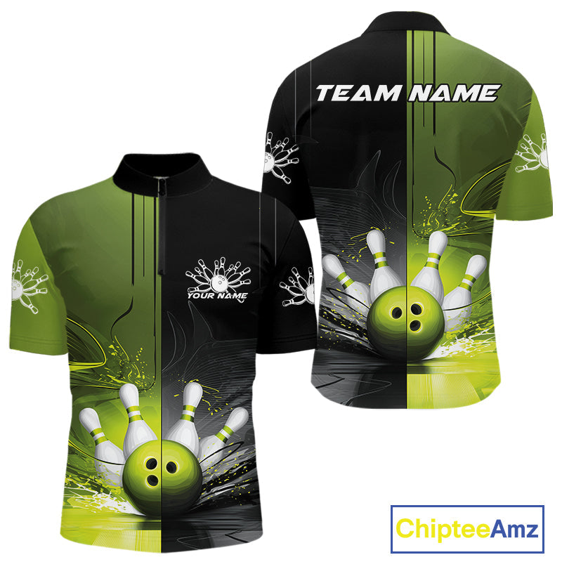 Half Black Half Green Custom Bowling Team Quarter-Zip Shirts For Men, Bowling Tournament Shirt IPHW9445